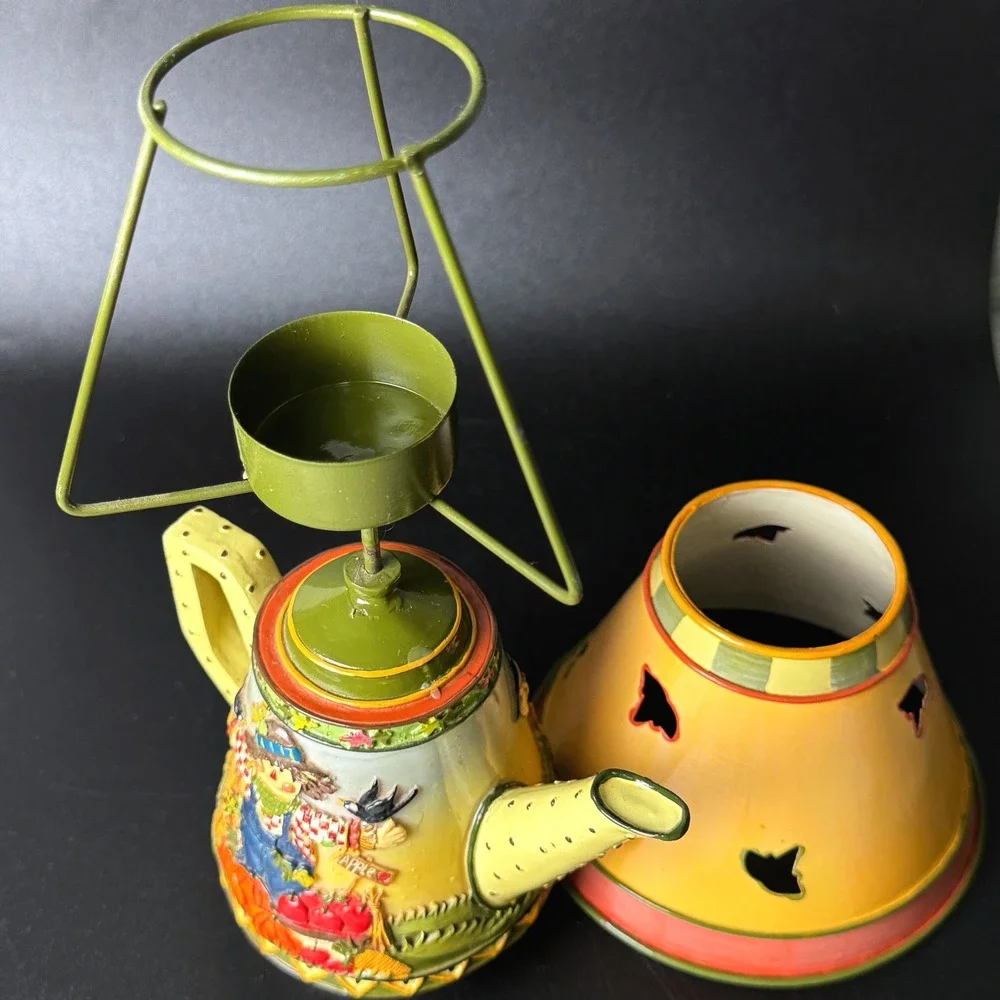 Vintage Harvest Scarecrow Teapot Tealight Candle Holder Ceramic Fall Decor Shade